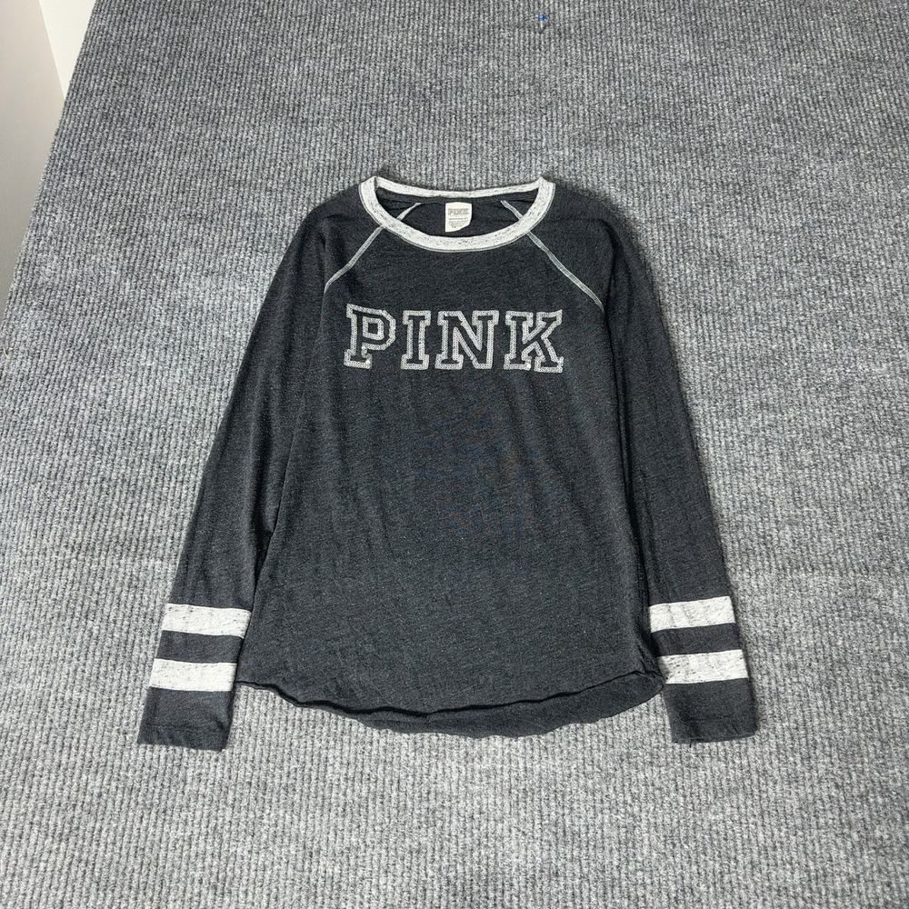 PINK Victoria's Secret Long Sleeve Shirt Womens XS‎ Charcoal Grey Raglan Varsity